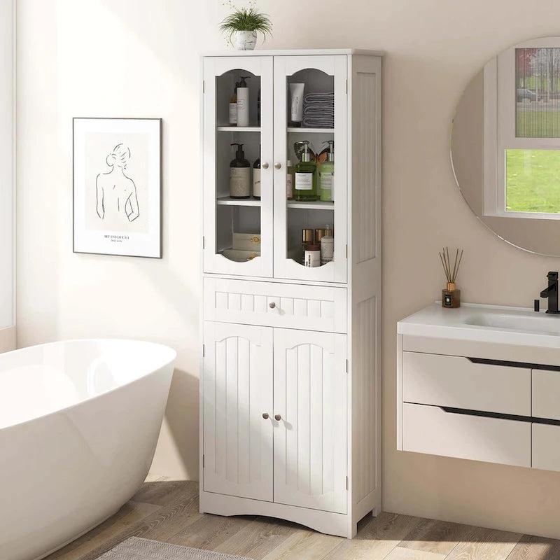 Meuble de salle de bain de 160 cm de haut avec portes en verre trempé et étagères réglables