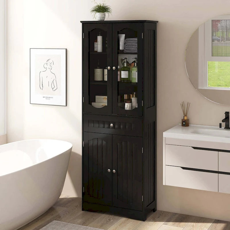 Meuble de salle de bain de 160 cm de haut avec portes en verre trempé et étagères réglables