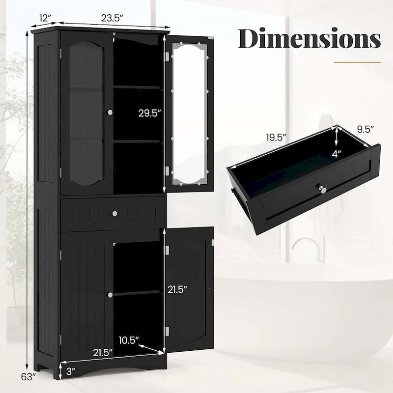 Meuble de salle de bain de 160 cm de haut avec portes en verre trempé et étagères réglables