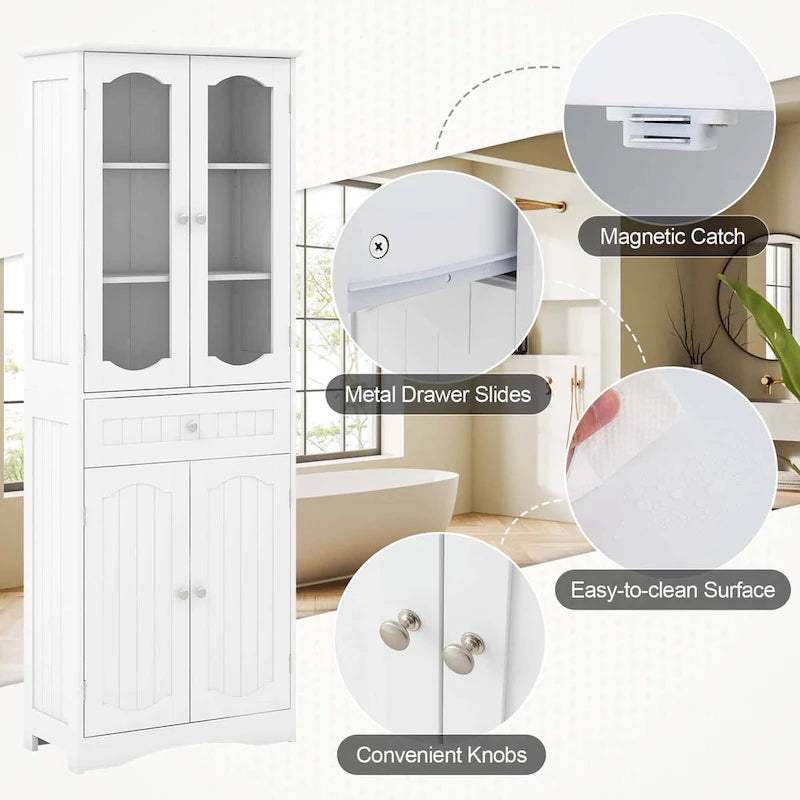 Meuble de salle de bain de 160 cm de haut avec portes en verre trempé et étagères réglables