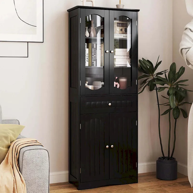 Meuble de salle de bain de 160 cm de haut avec portes en verre trempé et étagères réglables