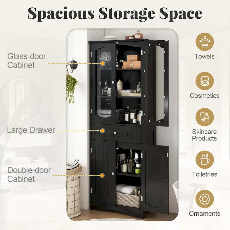Meuble de salle de bain de 160 cm de haut avec portes en verre trempé et étagères réglables