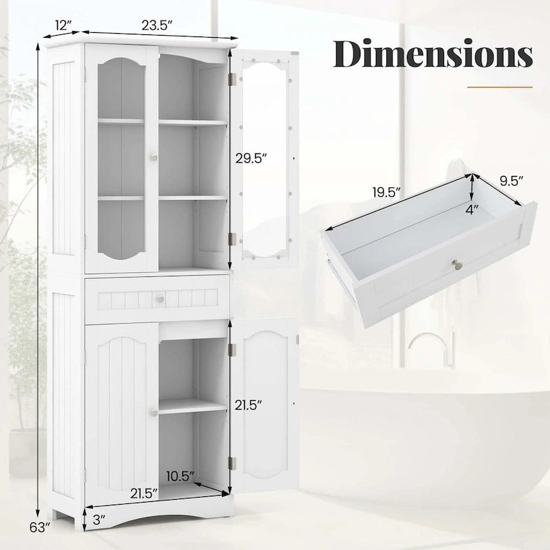 Meuble de salle de bain de 160 cm de haut avec portes en verre trempé et étagères réglables