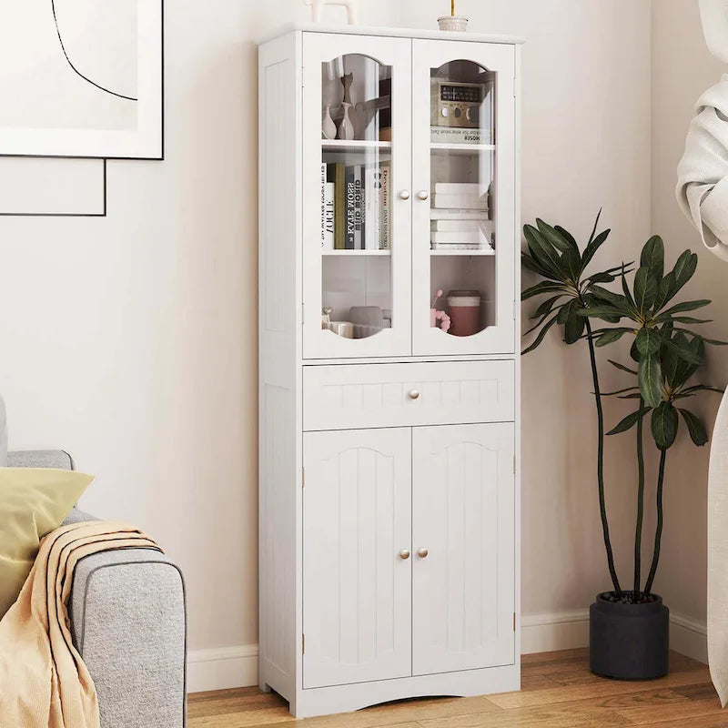 Meuble de salle de bain de 160 cm de haut avec portes en verre trempé et étagères réglables