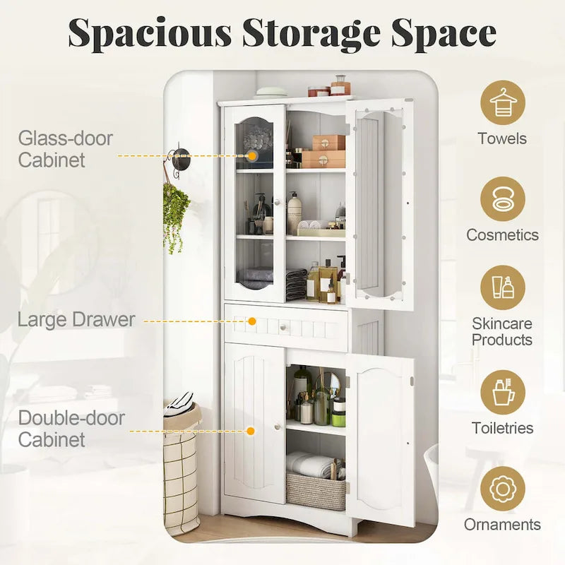 Meuble de salle de bain de 160 cm de haut avec portes en verre trempé et étagères réglables
