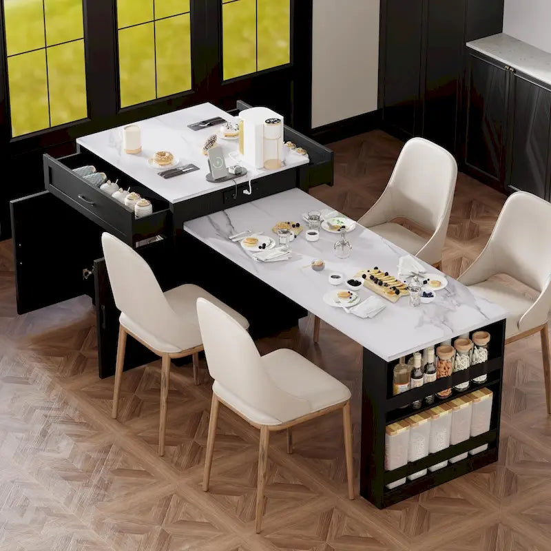Îlot de cuisine imitation marbre avec table à manger extensible, prise de courant, îlot de cuisine avec rangement 2 tiroirs 2 étagères latérales ouvertes