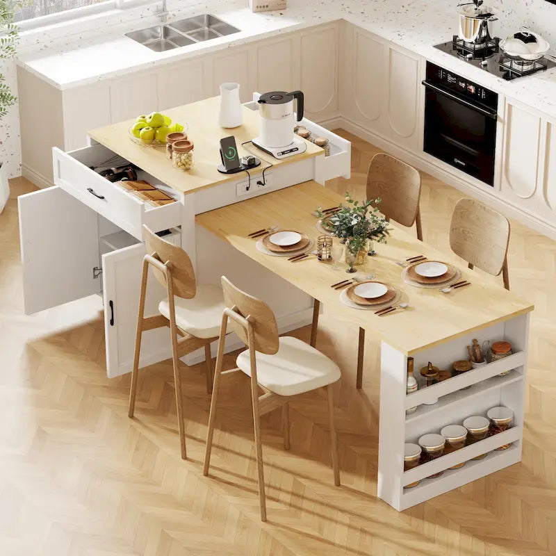 Îlot de cuisine imitation marbre avec table à manger extensible, prise de courant, îlot de cuisine avec rangement 2 tiroirs 2 étagères latérales ouvertes