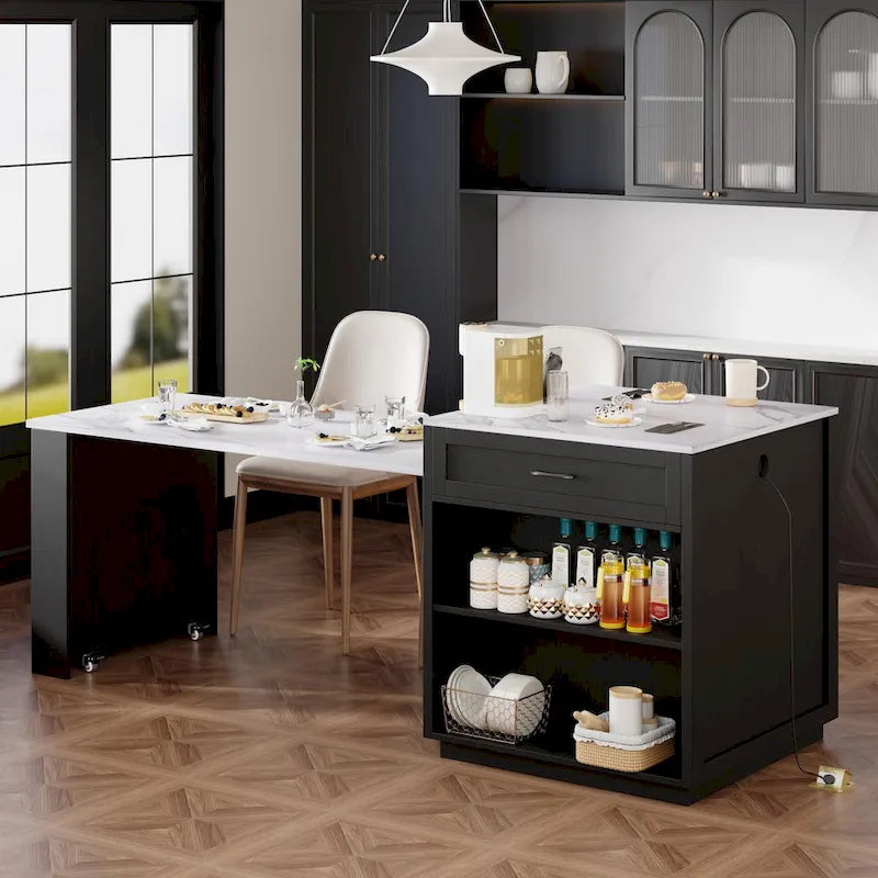 Îlot de cuisine imitation marbre avec table à manger extensible, prise de courant, îlot de cuisine avec rangement 2 tiroirs 2 étagères latérales ouvertes