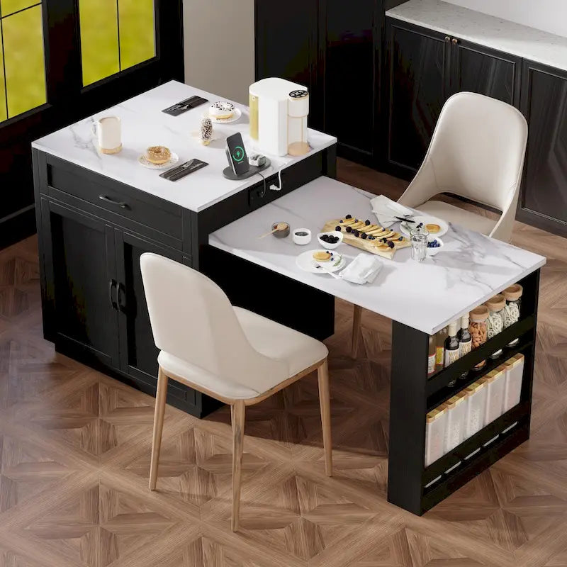 Îlot de cuisine imitation marbre avec table à manger extensible, prise de courant, îlot de cuisine avec rangement 2 tiroirs 2 étagères latérales ouvertes