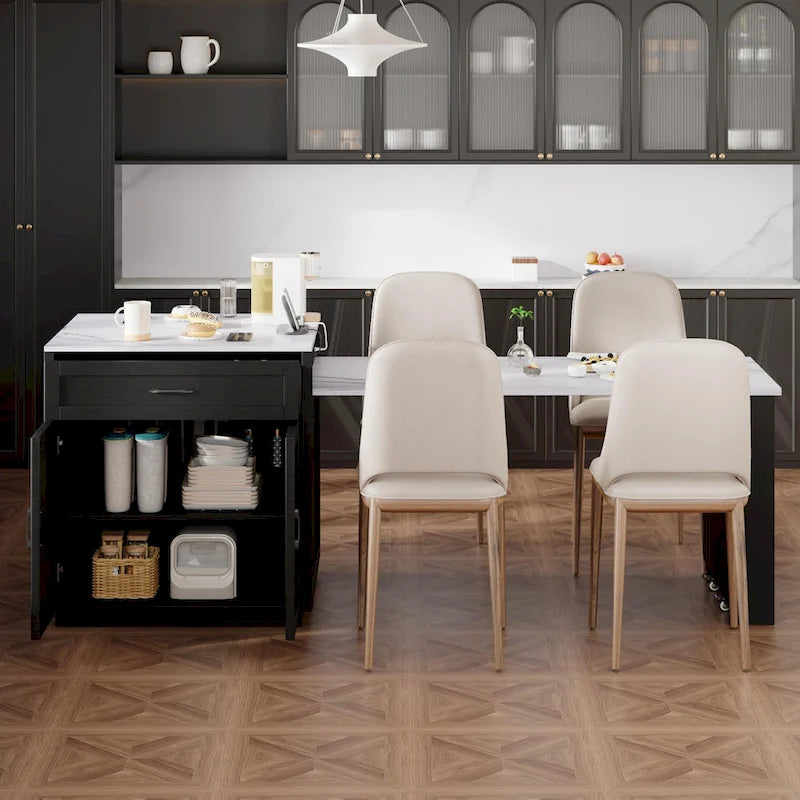 Îlot de cuisine imitation marbre avec table à manger extensible, prise de courant, îlot de cuisine avec rangement 2 tiroirs 2 étagères latérales ouvertes