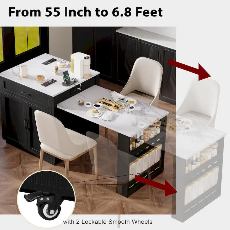 Îlot de cuisine imitation marbre avec table à manger extensible, prise de courant, îlot de cuisine avec rangement 2 tiroirs 2 étagères latérales ouvertes