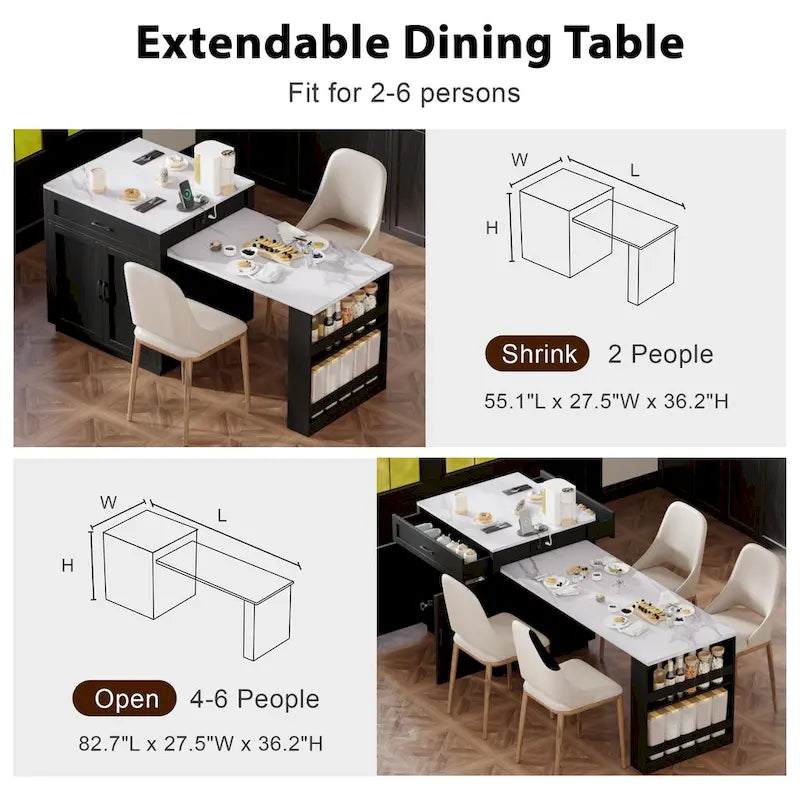 Îlot de cuisine imitation marbre avec table à manger extensible, prise de courant, îlot de cuisine avec rangement 2 tiroirs 2 étagères latérales ouvertes