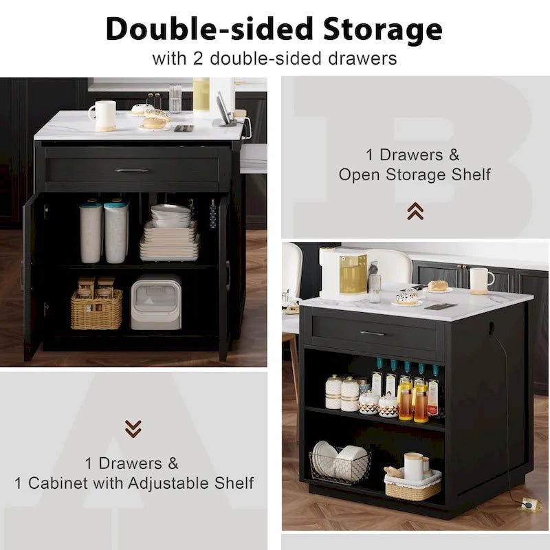 Îlot de cuisine imitation marbre avec table à manger extensible, prise de courant, îlot de cuisine avec rangement 2 tiroirs 2 étagères latérales ouvertes