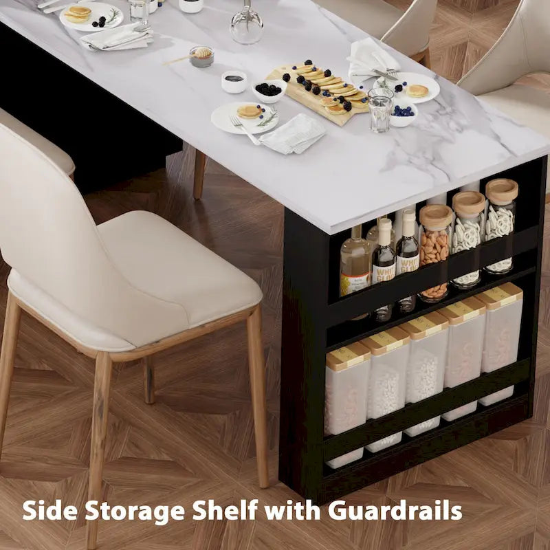 Îlot de cuisine imitation marbre avec table à manger extensible, prise de courant, îlot de cuisine avec rangement 2 tiroirs 2 étagères latérales ouvertes