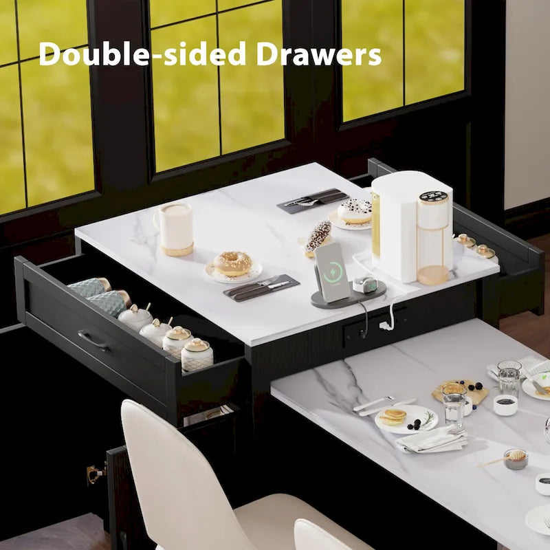 Îlot de cuisine imitation marbre avec table à manger extensible, prise de courant, îlot de cuisine avec rangement 2 tiroirs 2 étagères latérales ouvertes