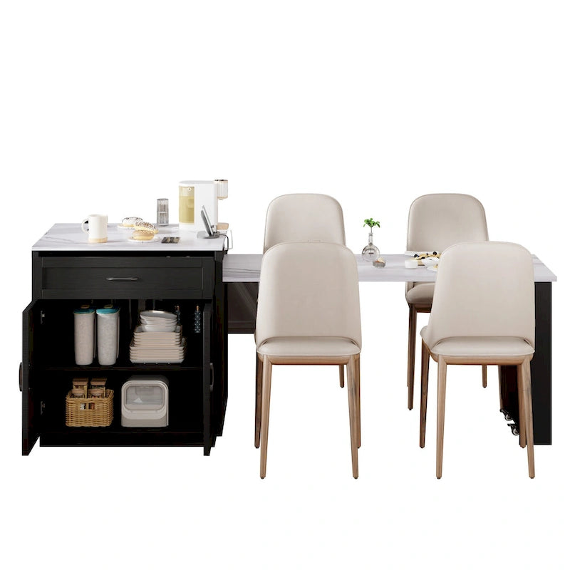 Îlot de cuisine imitation marbre avec table à manger extensible, prise de courant, îlot de cuisine avec rangement 2 tiroirs 2 étagères latérales ouvertes