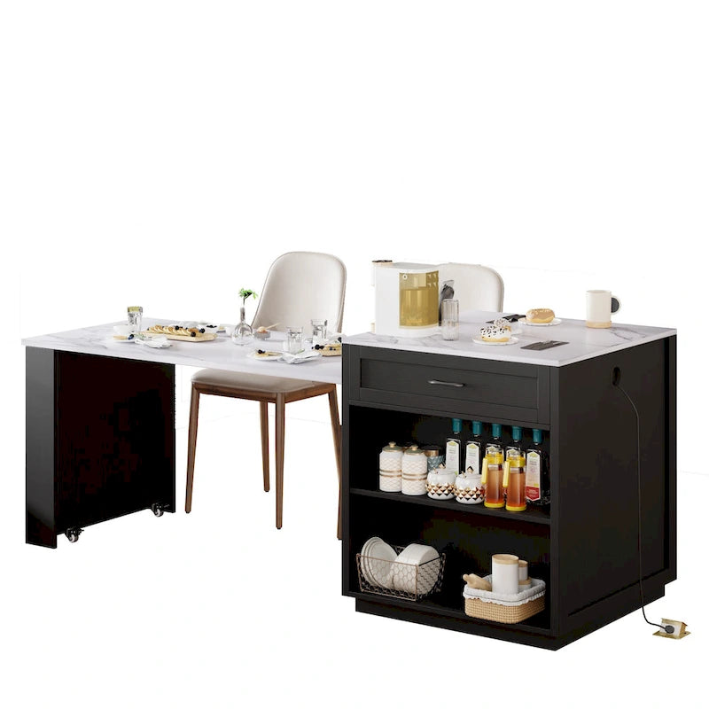 Îlot de cuisine imitation marbre avec table à manger extensible, prise de courant, îlot de cuisine avec rangement 2 tiroirs 2 étagères latérales ouvertes