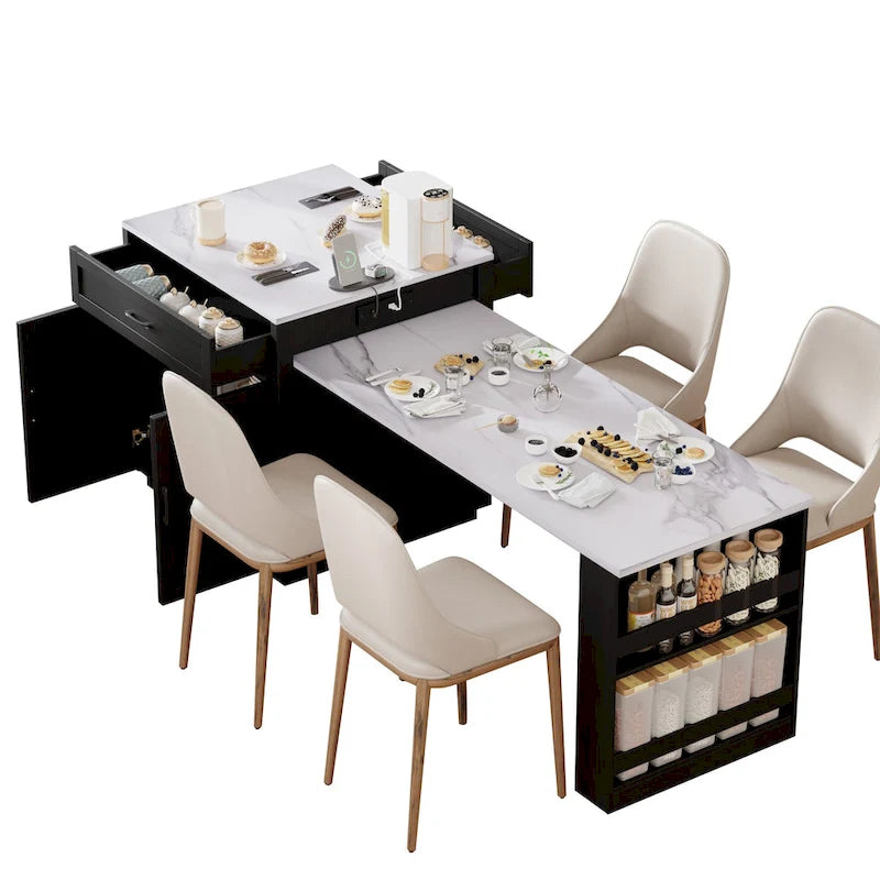 Îlot de cuisine imitation marbre avec table à manger extensible, prise de courant, îlot de cuisine avec rangement 2 tiroirs 2 étagères latérales ouvertes
