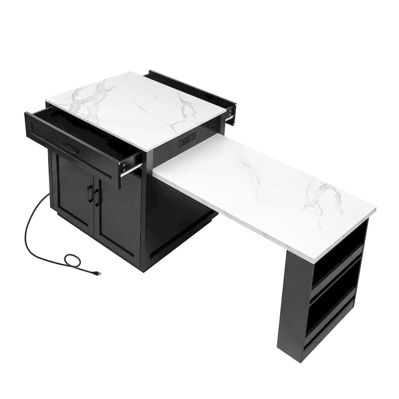 Îlot de cuisine imitation marbre avec table à manger extensible, prise de courant, îlot de cuisine avec rangement 2 tiroirs 2 étagères latérales ouvertes