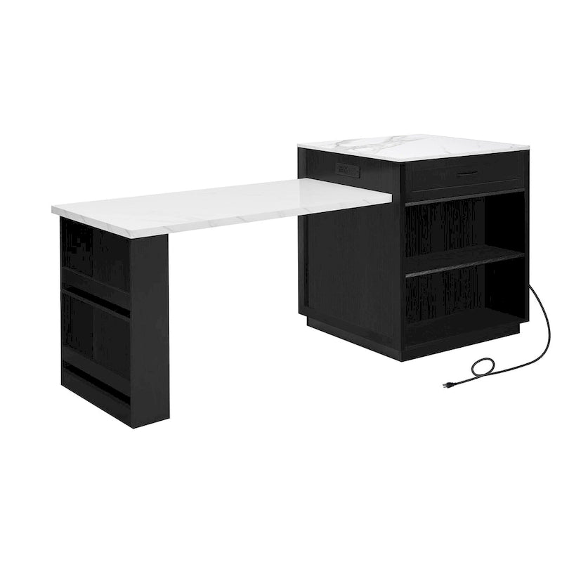 Îlot de cuisine imitation marbre avec table à manger extensible, prise de courant, îlot de cuisine avec rangement 2 tiroirs 2 étagères latérales ouvertes