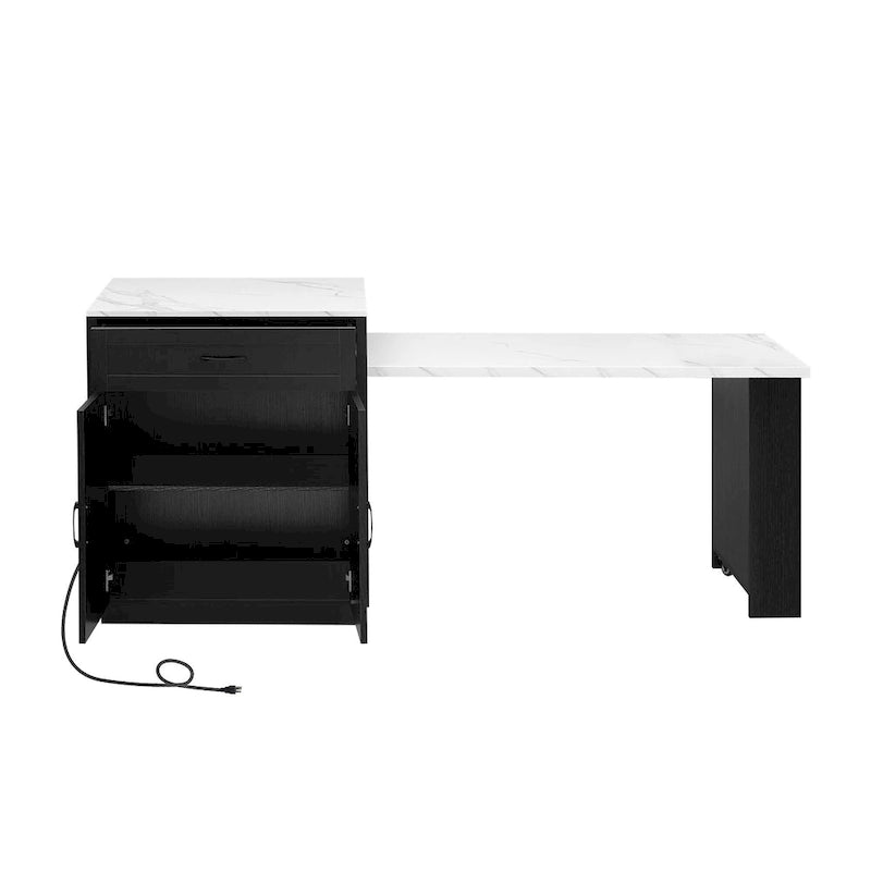 Îlot de cuisine imitation marbre avec table à manger extensible, prise de courant, îlot de cuisine avec rangement 2 tiroirs 2 étagères latérales ouvertes