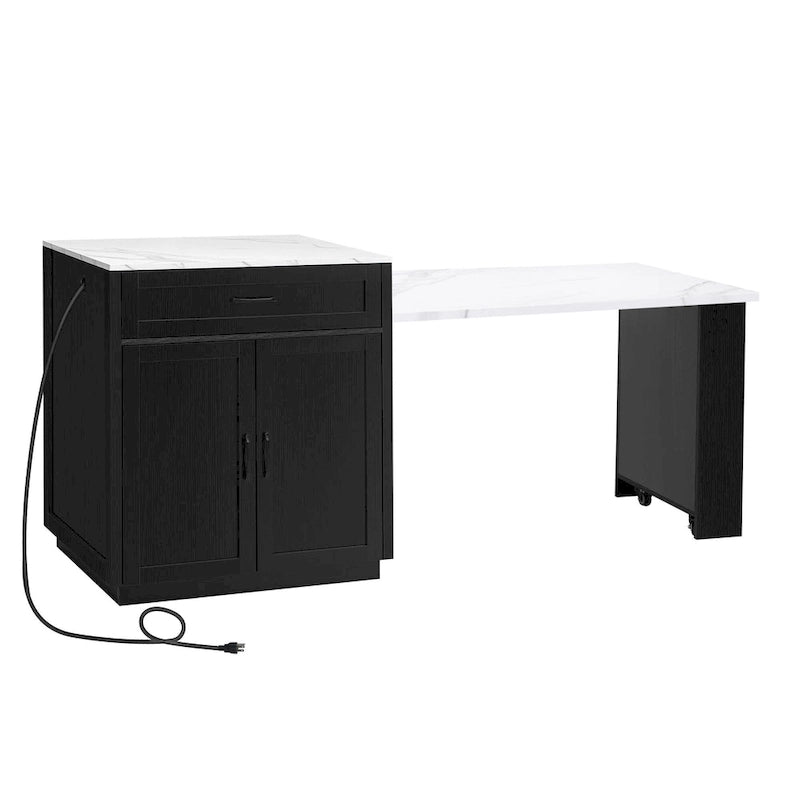 Îlot de cuisine imitation marbre avec table à manger extensible, prise de courant, îlot de cuisine avec rangement 2 tiroirs 2 étagères latérales ouvertes