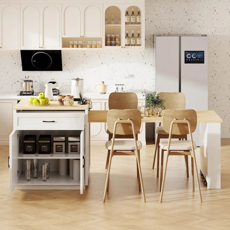 Îlot de cuisine imitation marbre avec table à manger extensible, prise de courant, îlot de cuisine avec rangement 2 tiroirs 2 étagères latérales ouvertes
