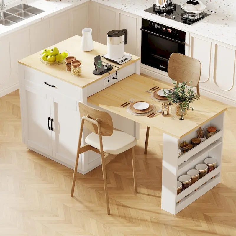 Îlot de cuisine imitation marbre avec table à manger extensible, prise de courant, îlot de cuisine avec rangement 2 tiroirs 2 étagères latérales ouvertes