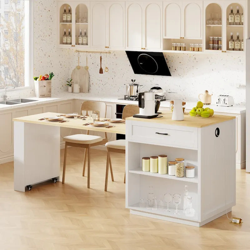 Îlot de cuisine imitation marbre avec table à manger extensible, prise de courant, îlot de cuisine avec rangement 2 tiroirs 2 étagères latérales ouvertes