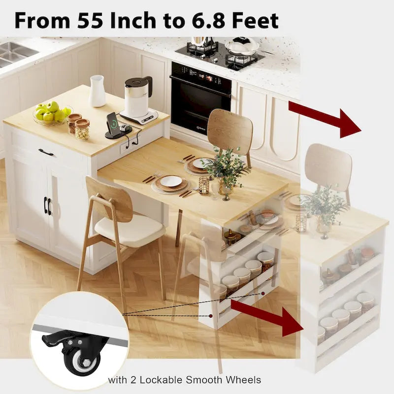 Îlot de cuisine imitation marbre avec table à manger extensible, prise de courant, îlot de cuisine avec rangement 2 tiroirs 2 étagères latérales ouvertes