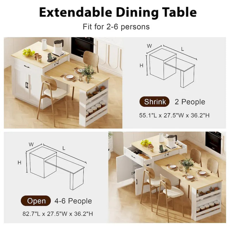 Îlot de cuisine imitation marbre avec table à manger extensible, prise de courant, îlot de cuisine avec rangement 2 tiroirs 2 étagères latérales ouvertes