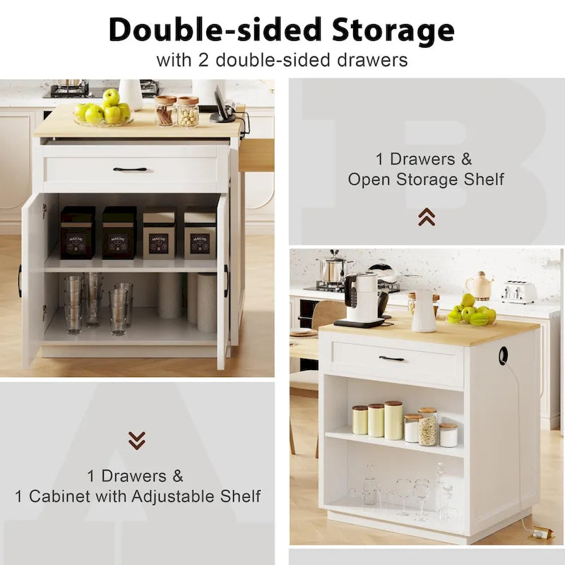 Îlot de cuisine imitation marbre avec table à manger extensible, prise de courant, îlot de cuisine avec rangement 2 tiroirs 2 étagères latérales ouvertes