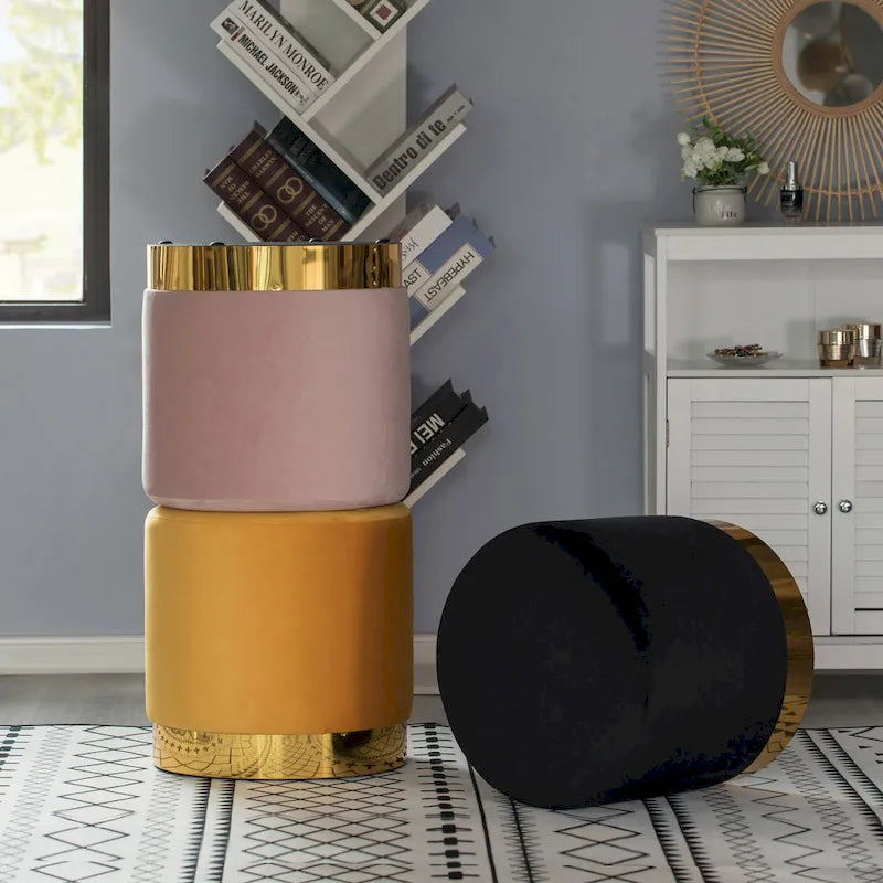 Tabouret de rangement rond moderne en velours avec base dorée