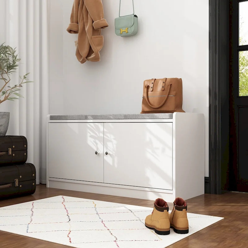 Banc de rangement blanc de 35,8 W avec tiroirs et coussin d'assise rembourré