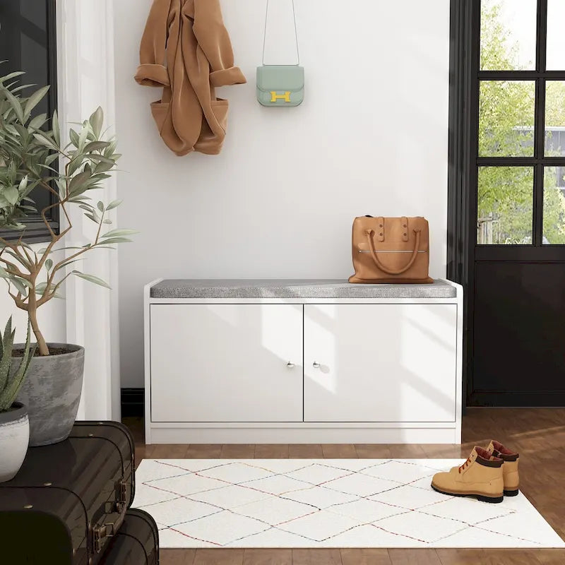 Banc de rangement blanc de 35,8 W avec tiroirs et coussin d'assise rembourré