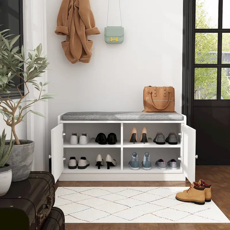 Banc de rangement blanc de 35,8 W avec tiroirs et coussin d'assise rembourré