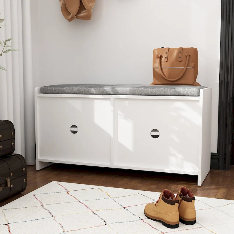 Banc de rangement blanc de 35,8 W avec tiroirs et coussin d'assise rembourré