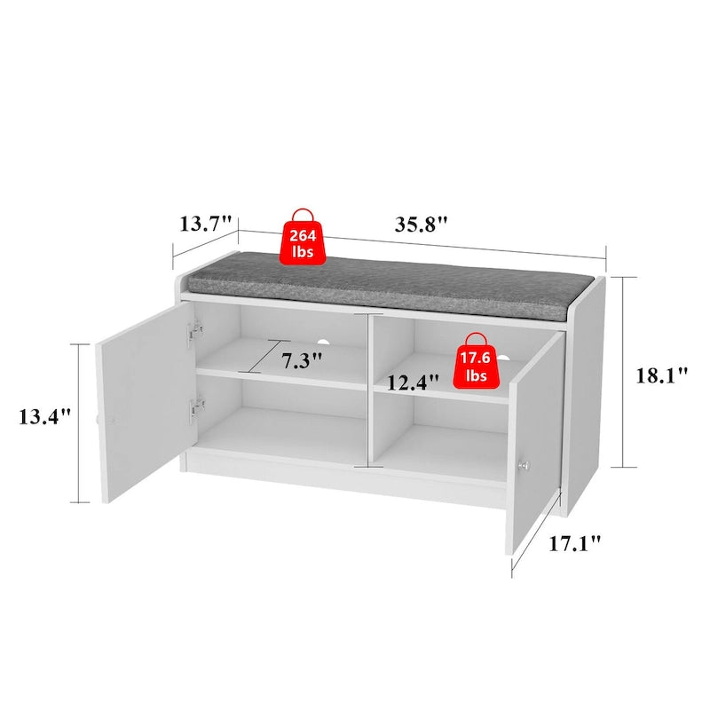 Banc de rangement blanc de 35,8 W avec tiroirs et coussin d'assise rembourré