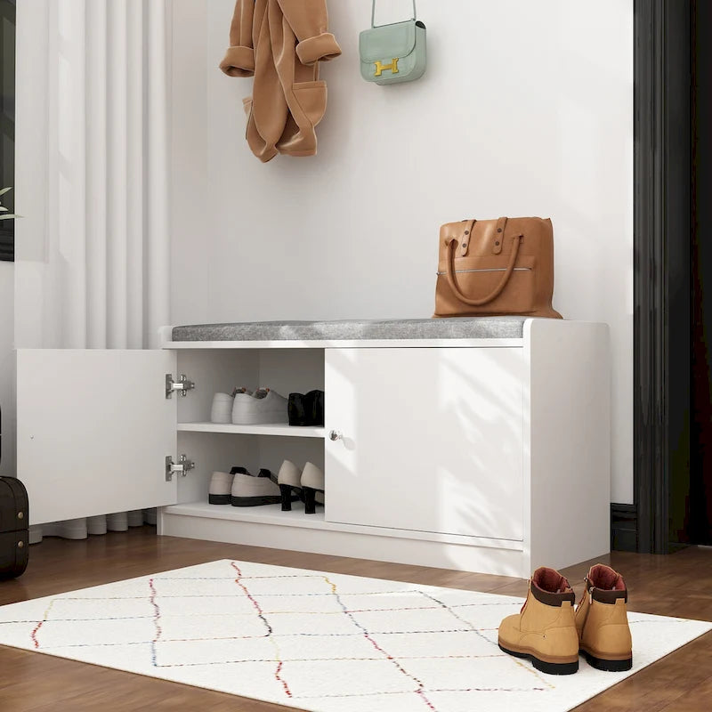 Banc de rangement blanc de 35,8 W avec tiroirs et coussin d'assise rembourré