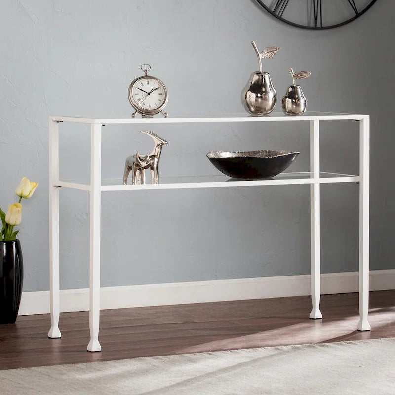 Console en métal doré mat Price avec étagère et verre trempé