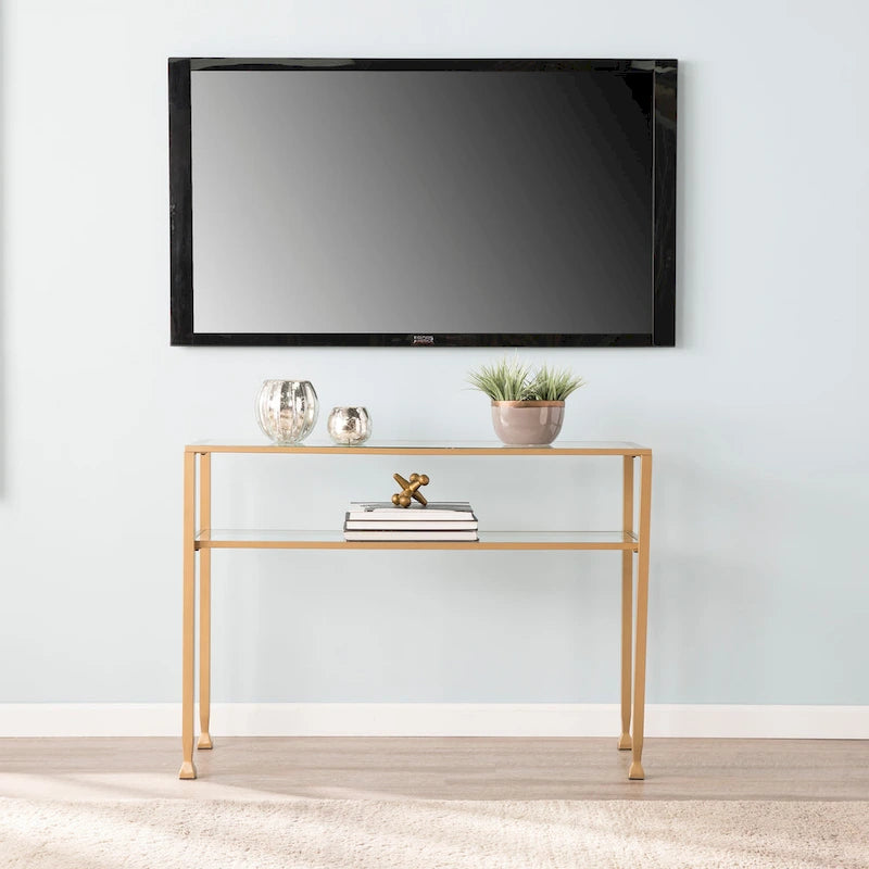 Console en métal doré mat Price avec étagère et verre trempé