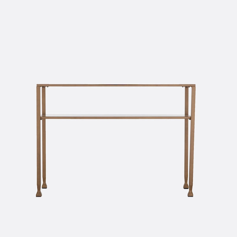 Console en métal doré mat Price avec étagère et verre trempé