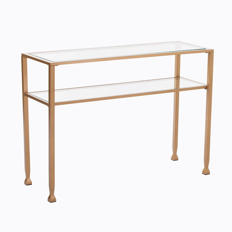 Console en métal doré mat Price avec étagère et verre trempé