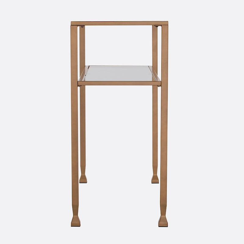 Console en métal doré mat Price avec étagère et verre trempé