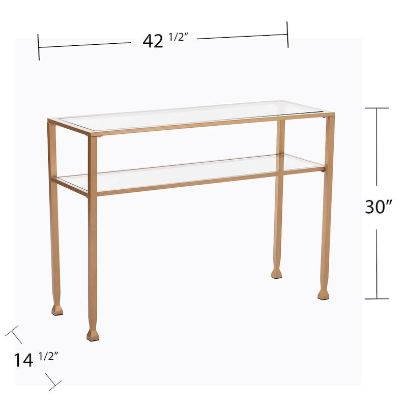 Console en métal doré mat Price avec étagère et verre trempé