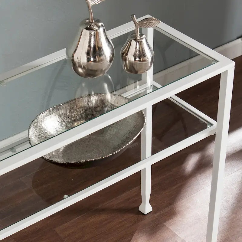 Console en métal doré mat Price avec étagère et verre trempé