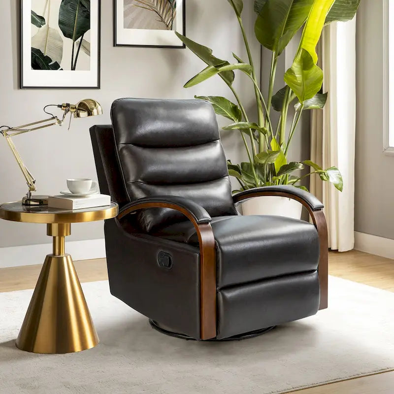 Fauteuil inclinable manuel pivotant et berçant en cuir véritable moderne avec accoudoirs en bois