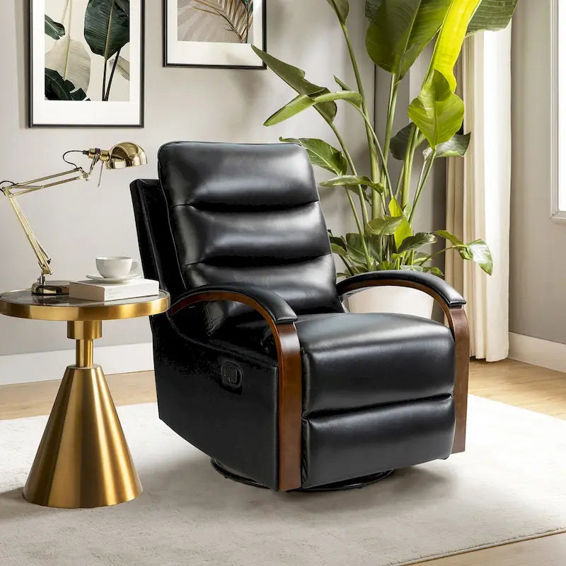 Fauteuil inclinable manuel pivotant et berçant en cuir véritable moderne avec accoudoirs en bois