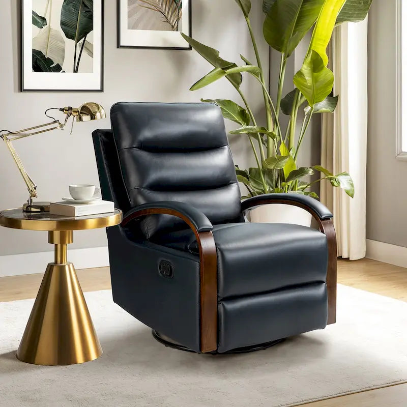 Fauteuil inclinable manuel pivotant et berçant en cuir véritable moderne avec accoudoirs en bois