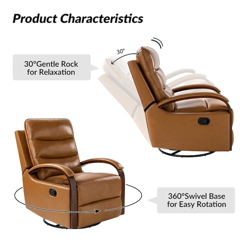 Fauteuil inclinable manuel pivotant et berçant en cuir véritable moderne avec accoudoirs en bois
